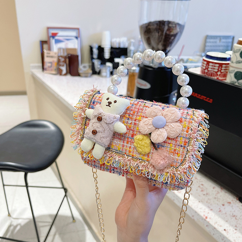 New Princess Bag Cute Little Girl Pearl Hand Bag Cartoon Decorative Crossbody Bag Children Coin Purse Shoulder Bag