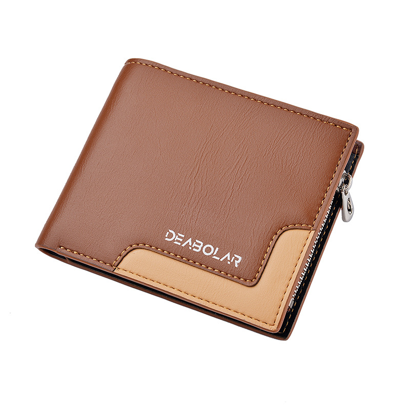 New Men&#039;s Wallet Short Three Fold Pu Wallet Stitching Business Zipper Coin Purse Multi-Card-Slot Card Holder Coin Bag