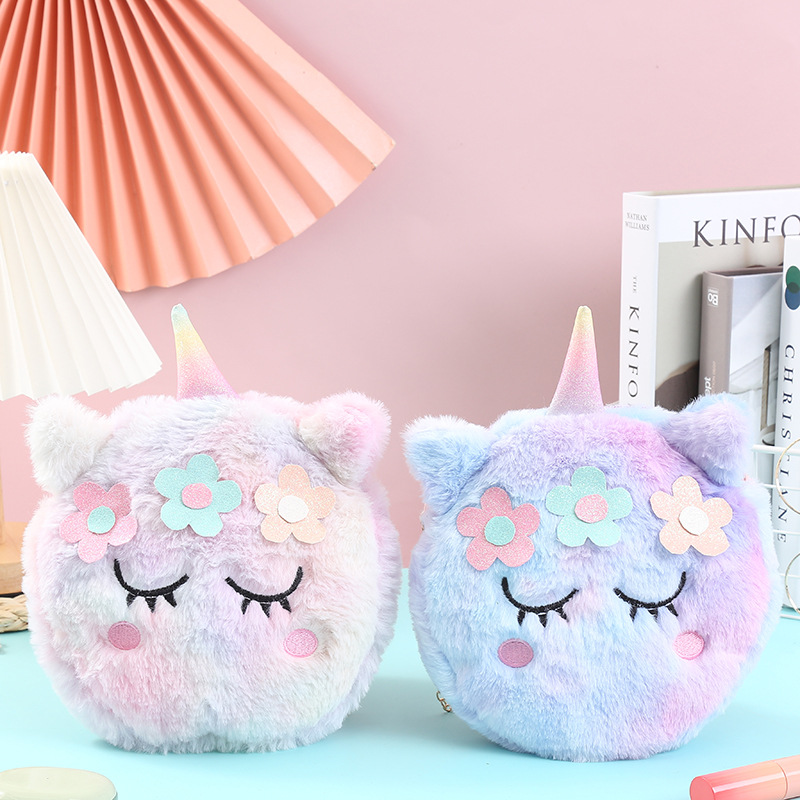 Winter New Cartoon Children&#039;s Colorful Plush Shoulder Bag Unicorn Coin Purse Kindergarten Cute Girl&#039;s Crossbody Bag