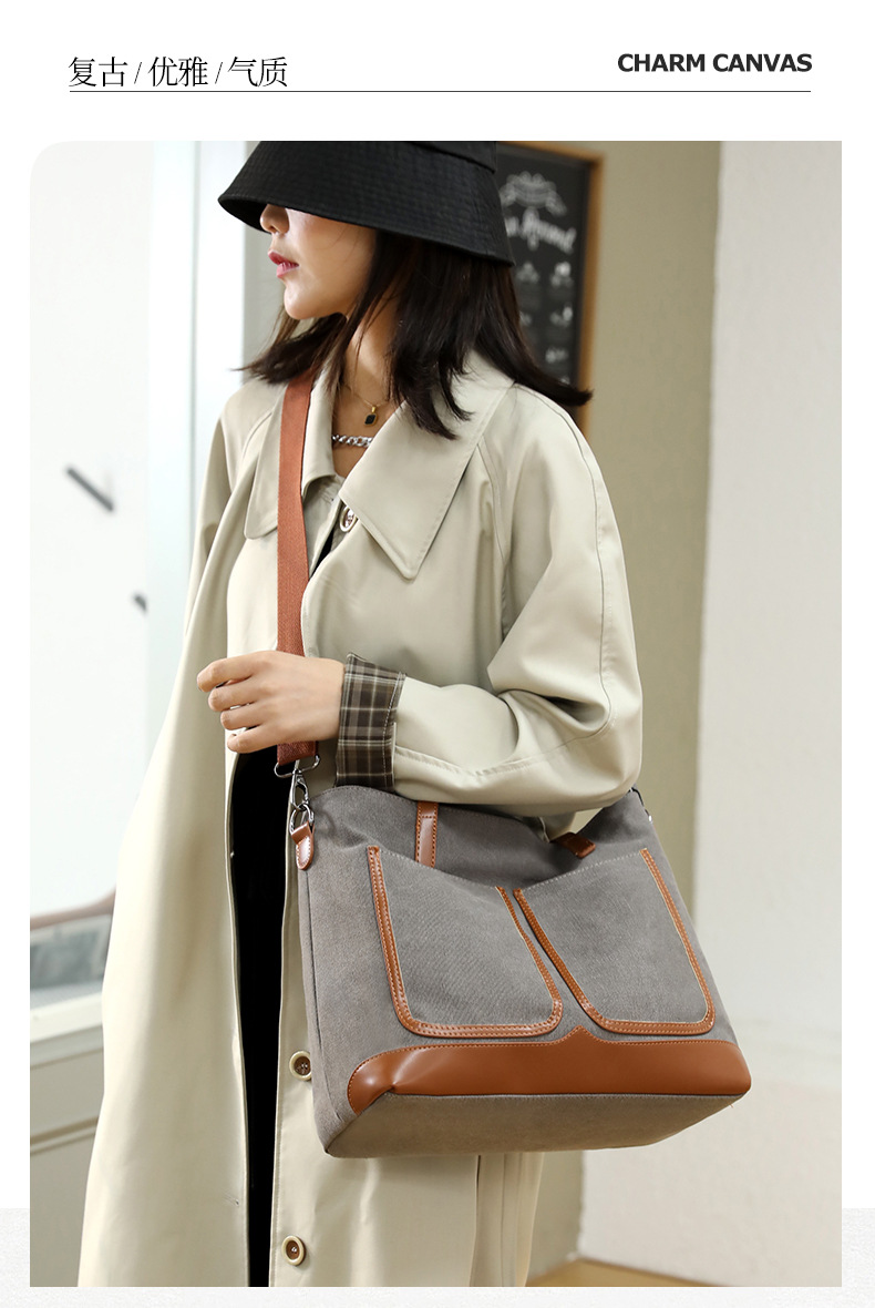 Canvas Commuter Bag Tote Bucket Bag Large Capacity Women's Bag 2022 Spring and Autumn New Fashion Crossbody One-Shoulder Large Bags