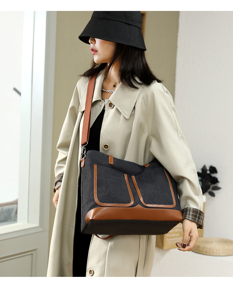 Canvas Commuter Bag Tote Bucket Bag Large Capacity Women's Bag 2022 Spring and Autumn New Fashion Crossbody One-Shoulder Large Bags