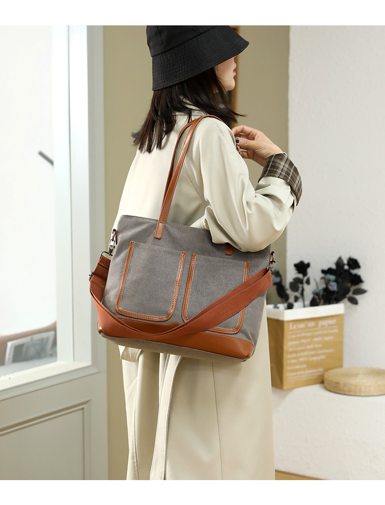 Canvas Commuter Bag Tote Bucket Bag Large Capacity Women's Bag 2022 Spring and Autumn New Fashion Crossbody One-Shoulder Large Bags