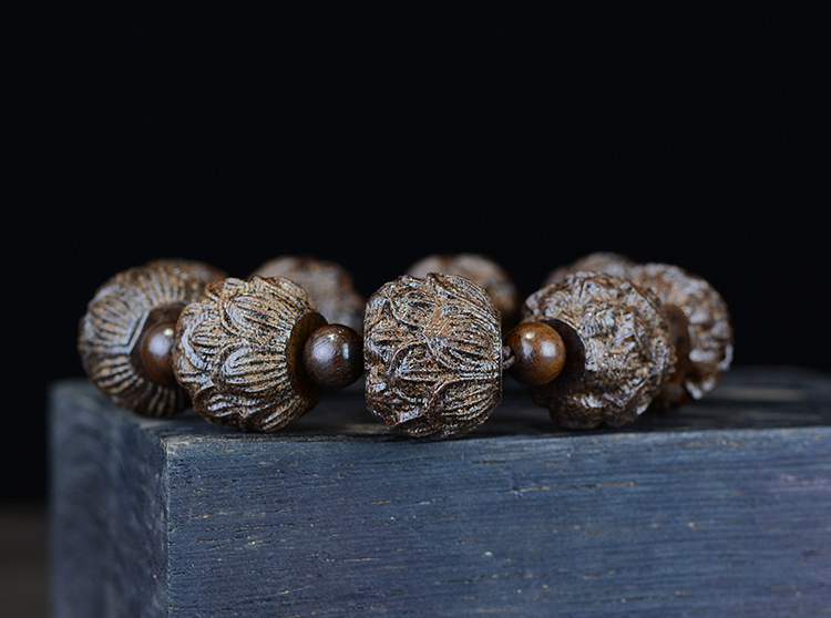 Leather Black Bracelet Leather Gray the Eighteen Disciples of the Buddha Carved Head Beads Personalized Bracelet Wooden Cultural Artifact Craft Buddha Beads Wholesale