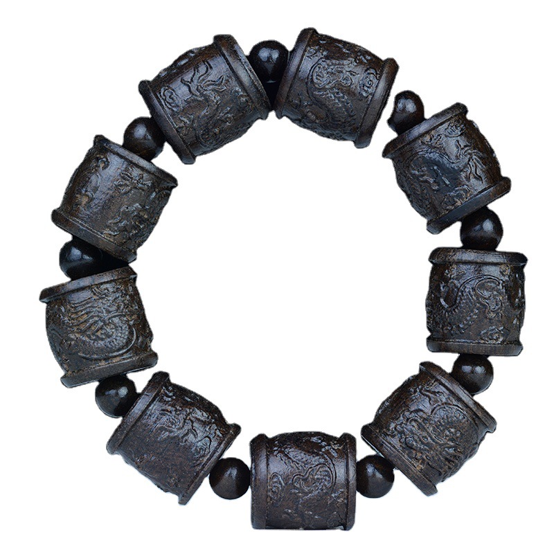 Leather Black Bracelet Leather Gray the Eighteen Disciples of the Buddha Carved Head Beads Personalized Bracelet Wooden Cultural Artifact Craft Buddha Beads Wholesale