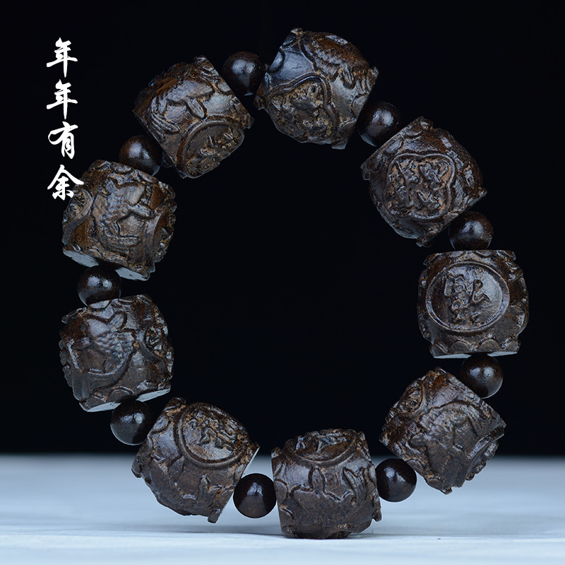 Leather Black Bracelet Leather Gray the Eighteen Disciples of the Buddha Carved Head Beads Personalized Bracelet Wooden Cultural Artifact Craft Buddha Beads Wholesale