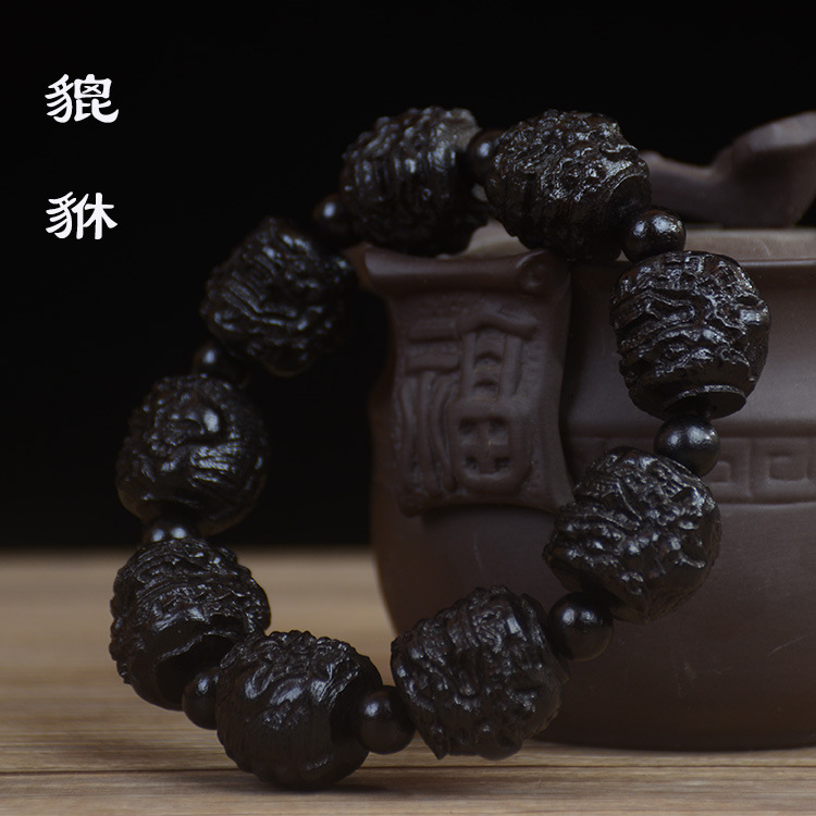 Leather Black Bracelet Leather Gray the Eighteen Disciples of the Buddha Carved Head Beads Personalized Bracelet Wooden Cultural Artifact Craft Buddha Beads Wholesale