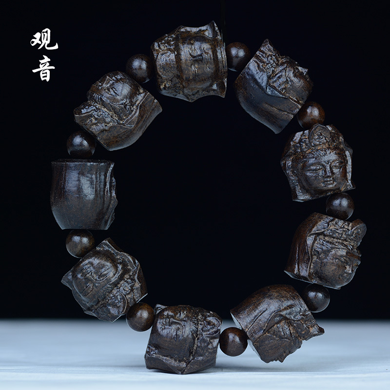 Leather Black Bracelet Leather Gray the Eighteen Disciples of the Buddha Carved Head Beads Personalized Bracelet Wooden Cultural Artifact Craft Buddha Beads Wholesale