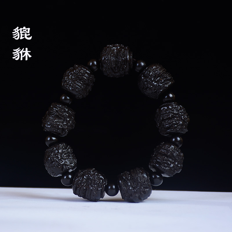 Leather Black Bracelet Leather Gray the Eighteen Disciples of the Buddha Carved Head Beads Personalized Bracelet Wooden Cultural Artifact Craft Buddha Beads Wholesale