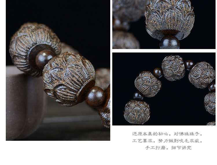 Leather Black Bracelet Leather Gray the Eighteen Disciples of the Buddha Carved Head Beads Personalized Bracelet Wooden Cultural Artifact Craft Buddha Beads Wholesale
