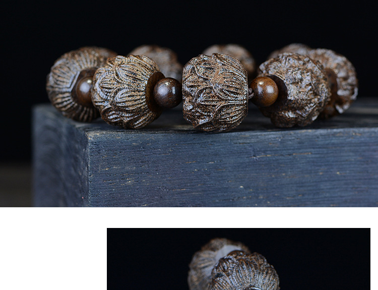 Leather Black Bracelet Leather Gray the Eighteen Disciples of the Buddha Carved Head Beads Personalized Bracelet Wooden Cultural Artifact Craft Buddha Beads Wholesale