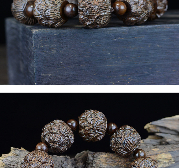 Leather Black Bracelet Leather Gray the Eighteen Disciples of the Buddha Carved Head Beads Personalized Bracelet Wooden Cultural Artifact Craft Buddha Beads Wholesale