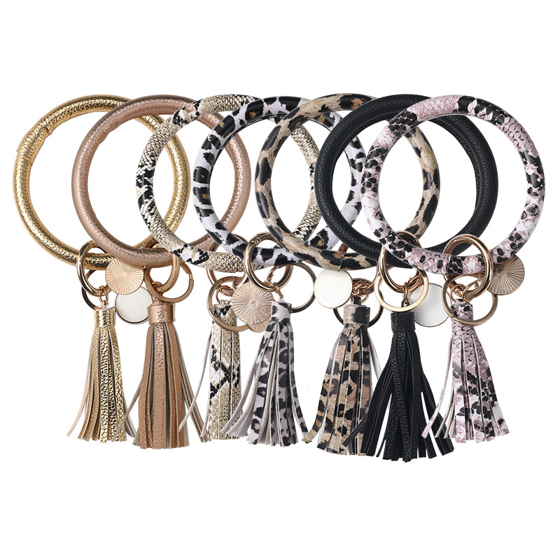 Amazon New Keychain Bracelet Printed PU Leather Bracelet Women&#039;s Bag Tassel Car Key Pendant Customized