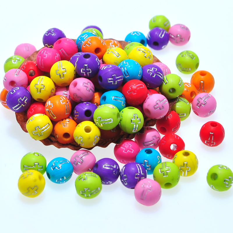 Acrylic Letter Bead 8mm round Solid Color Bottom Silver Cross DIY Colorful Beads Wristband Bracelet Scattered Beads Wholesale by Jin