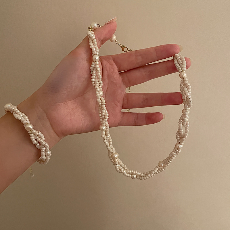 925 Silver Needle Multi-Layer Pearl Beads Bracelet Necklace Ear Stud Korean Design Geometric Simple Hand Jewelry Necklace Earrings for Women