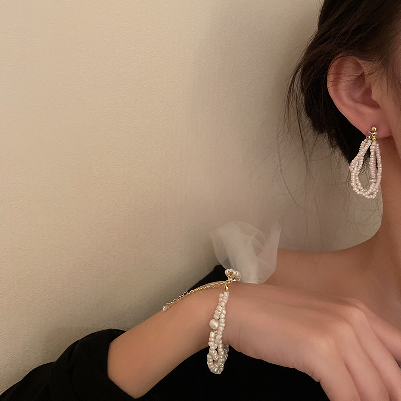 925 Silver Needle Multi-Layer Pearl Beads Bracelet Necklace Ear Stud Korean Design Geometric Simple Hand Jewelry Necklace Earrings for Women