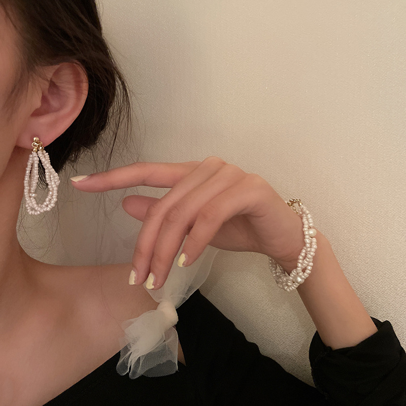 925 Silver Needle Multi-Layer Pearl Beads Bracelet Necklace Ear Stud Korean Design Geometric Simple Hand Jewelry Necklace Earrings for Women