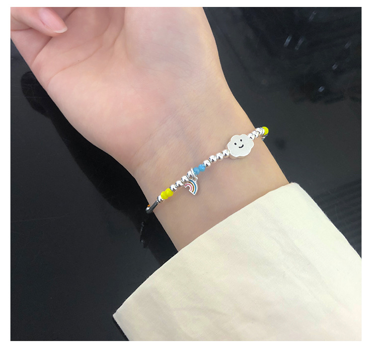 New 925 Sterling Silver Bracelet Korean Ins Special-Interest Design Elastic String Rainbow Sweet Loving Heart Handmade Beaded Bracelet