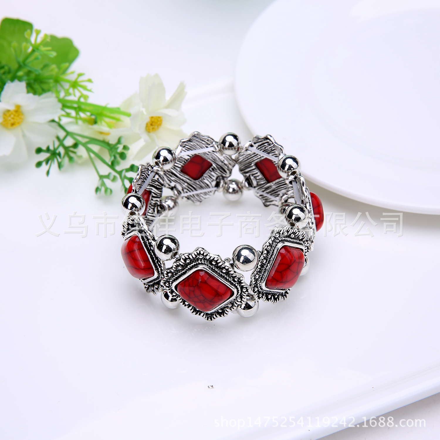 2017 European and American Foreign Trade Popular Bohemian Retro Bracelet Turquoise Imitation Thai Silver Bracelet Jewelry Wholesale