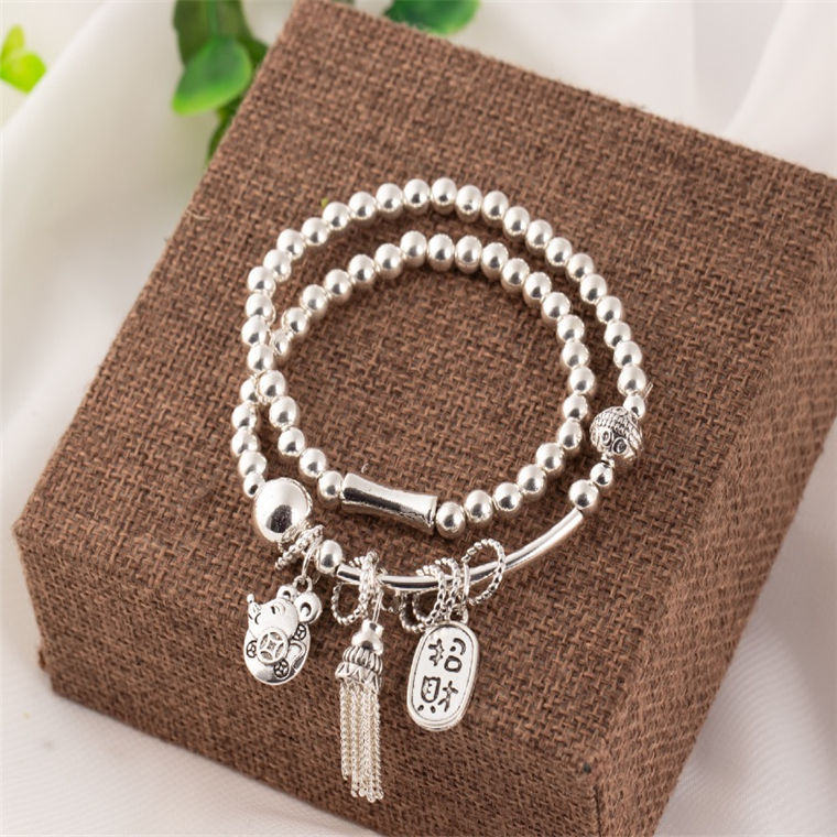 New Sliver Beads Tassel Two-Circle Bracelet Retro Tibetan Silver Lucky Cat Pendant Bracelet Internet Celebrity Live Hot Silver Accessories New Sliver Beads Tassel Two-Circle Bracelet Retro Tibetan Silver Lucky Cat Pendant Bracelet Internet Celebrity Live Hot Silver Accessories