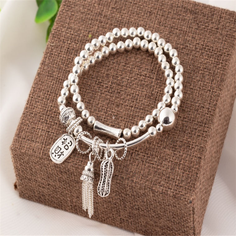 New Sliver Beads Tassel Two-Circle Bracelet Retro Tibetan Silver Lucky Cat Pendant Bracelet Internet Celebrity Live Hot Silver Accessories New Sliver Beads Tassel Two-Circle Bracelet Retro Tibetan Silver Lucky Cat Pendant Bracelet Internet Celebrity Live Hot Silver Accessories