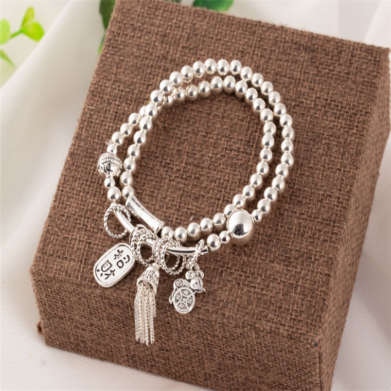 New Sliver Beads Tassel Two-Circle Bracelet Retro Tibetan Silver Lucky Cat Pendant Bracelet Internet Celebrity Live Hot Silver Accessories New Sliver Beads Tassel Two-Circle Bracelet Retro Tibetan Silver Lucky Cat Pendant Bracelet Internet Celebrity Live Hot Silver Accessories