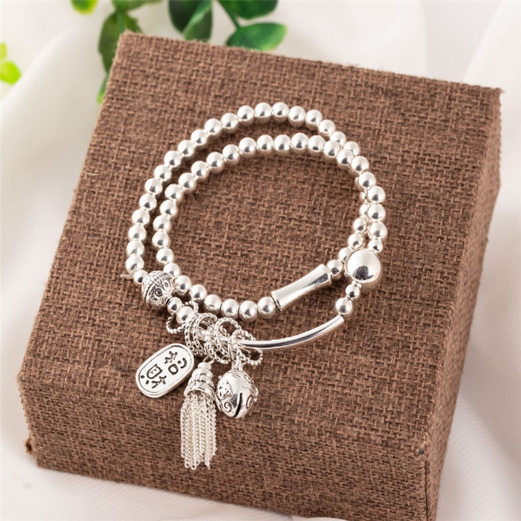 New Sliver Beads Tassel Two-Circle Bracelet Retro Tibetan Silver Lucky Cat Pendant Bracelet Internet Celebrity Live Hot Silver Accessories New Sliver Beads Tassel Two-Circle Bracelet Retro Tibetan Silver Lucky Cat Pendant Bracelet Internet Celebrity Live Hot Silver Accessories
