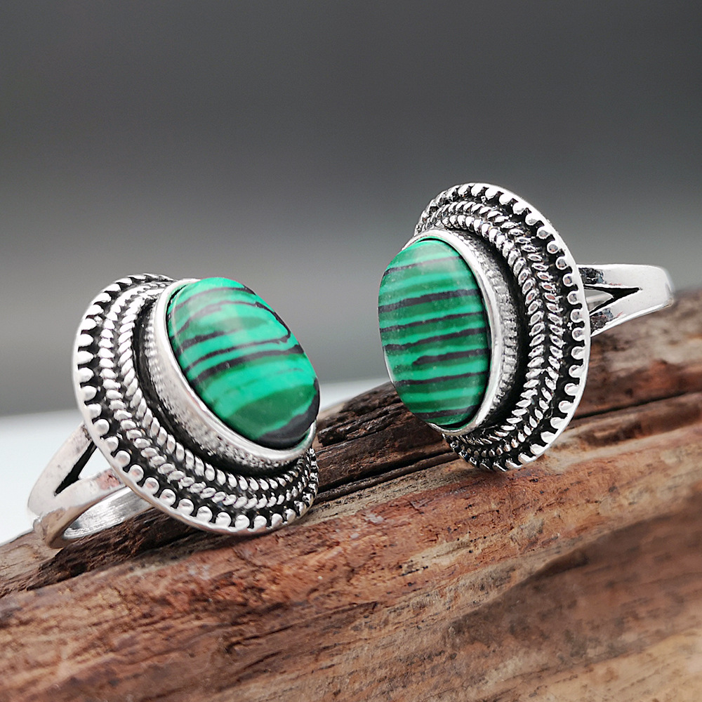 Rongyu Cross-Border New Bracelet Inlaid Watermelon Green Malachite Ring European and American 925 Antique Silver Natural Stone Ring Rongyu Cross-Border New Bracelet Inlaid Watermelon Green Malachite Ring European and American 925 Antique Silver Natural Stone Ring