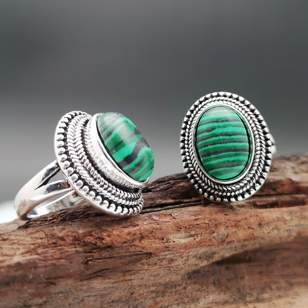 Rongyu Cross-Border New Bracelet Inlaid Watermelon Green Malachite Ring European and American 925 Antique Silver Natural Stone Ring Rongyu Cross-Border New Bracelet Inlaid Watermelon Green Malachite Ring European and American 925 Antique Silver Natural Stone Ring