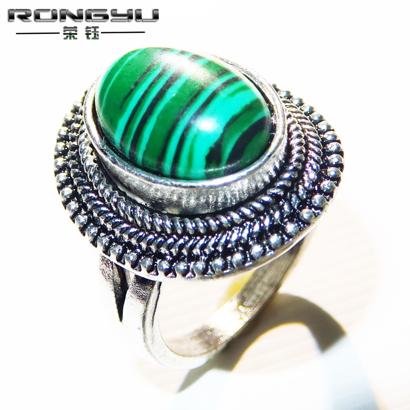 Rongyu Cross-Border New Bracelet Inlaid Watermelon Green Malachite Ring European and American 925 Antique Silver Natural Stone Ring Rongyu Cross-Border New Bracelet Inlaid Watermelon Green Malachite Ring European and American 925 Antique Silver Natural Stone Ring