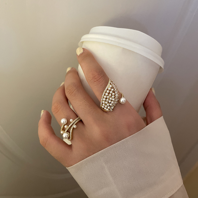 No. 7 Pearl Micro Inlaid Zircon Open Ring Korean Design Angel Wings Female Fashion Ring Simple Personality Bracelet No. 7 Pearl Micro Inlaid Zircon Open Ring Korean Design Angel Wings Female Fashion Ring Simple Personality Bracelet