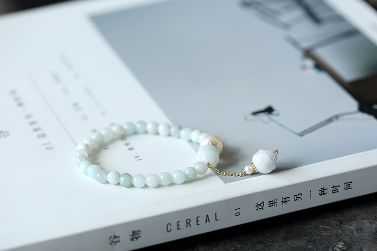 Original Natural Freshwater Pearl Noodles Jade Lotus Bracelet 14K Gilded Women's Valentine's Day Gift Jade Bracelet