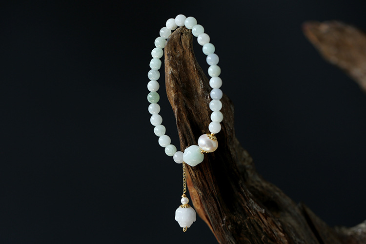 Original Natural Freshwater Pearl Noodles Jade Lotus Bracelet 14K Gilded Women's Valentine's Day Gift Jade Bracelet