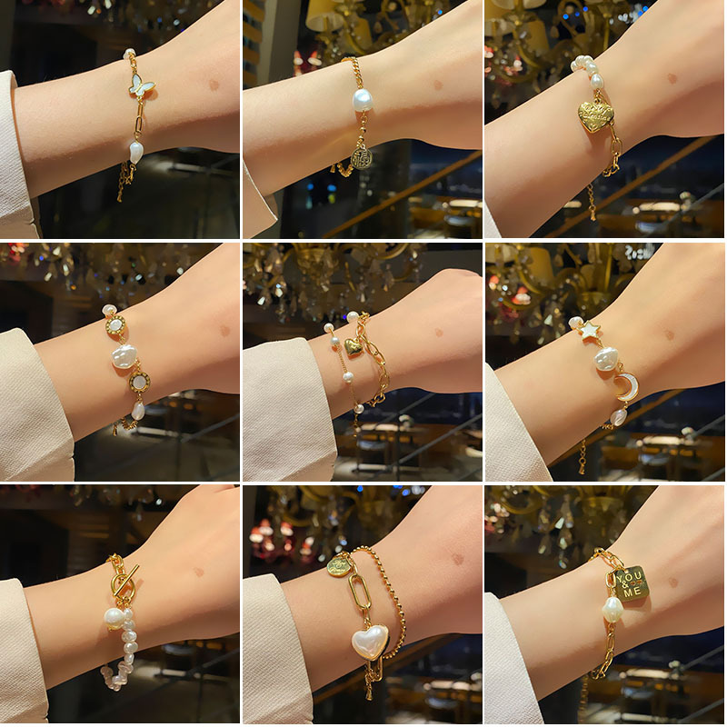 Women&#039;s Korean-Style Simple Titanium Steel Pearl Bracelet Ins Love Star Moon Double-Layer Stainless Steel Cuban Link Chain Trendy Bracelet