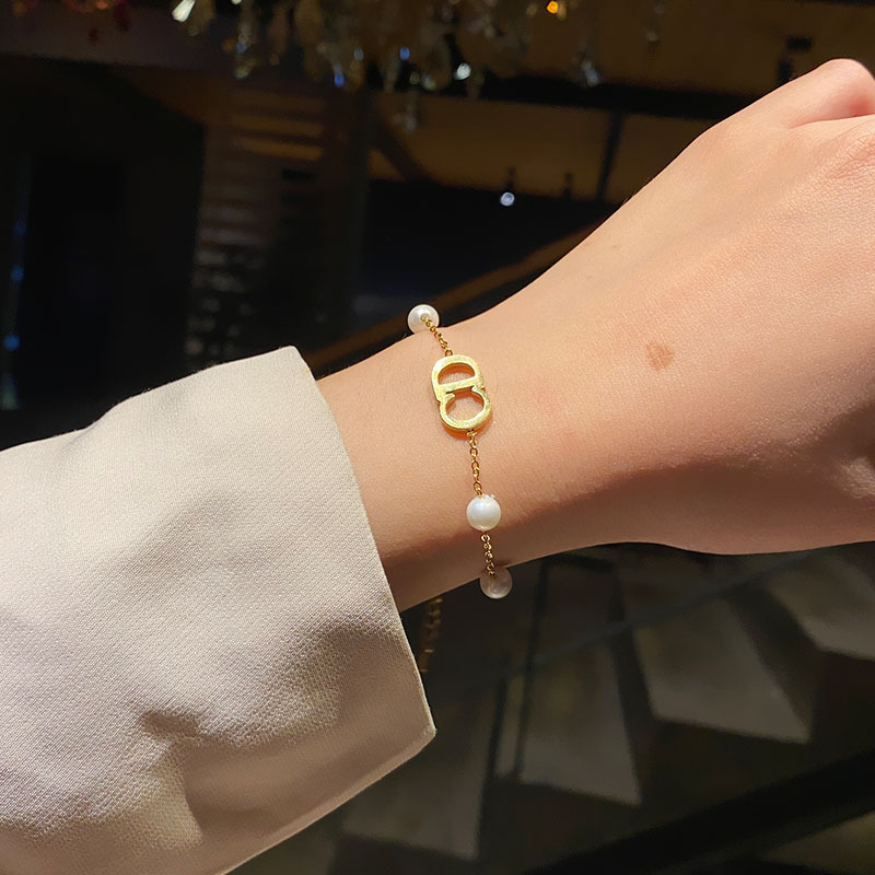 Women&#039;s Korean-Style Simple Titanium Steel Pearl Bracelet Ins Love Star Moon Double-Layer Stainless Steel Cuban Link Chain Trendy Bracelet