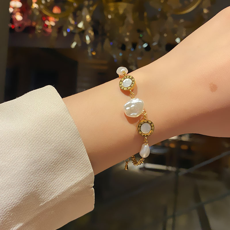 Women's Korean-Style Simple Titanium Steel Pearl Bracelet Ins Love Star Moon Double-Layer Stainless Steel Cuban Link Chain Trendy Bracelet Women's Korean-Style Simple Titanium Steel Pearl Bracelet Ins Love Star Moon Double-Layer Stainless Steel Cuban Link Chain Trendy Bracelet