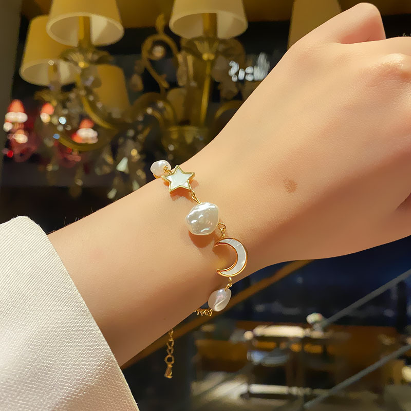 Women's Korean-Style Simple Titanium Steel Pearl Bracelet Ins Love Star Moon Double-Layer Stainless Steel Cuban Link Chain Trendy Bracelet Women's Korean-Style Simple Titanium Steel Pearl Bracelet Ins Love Star Moon Double-Layer Stainless Steel Cuban Link Chain Trendy Bracelet