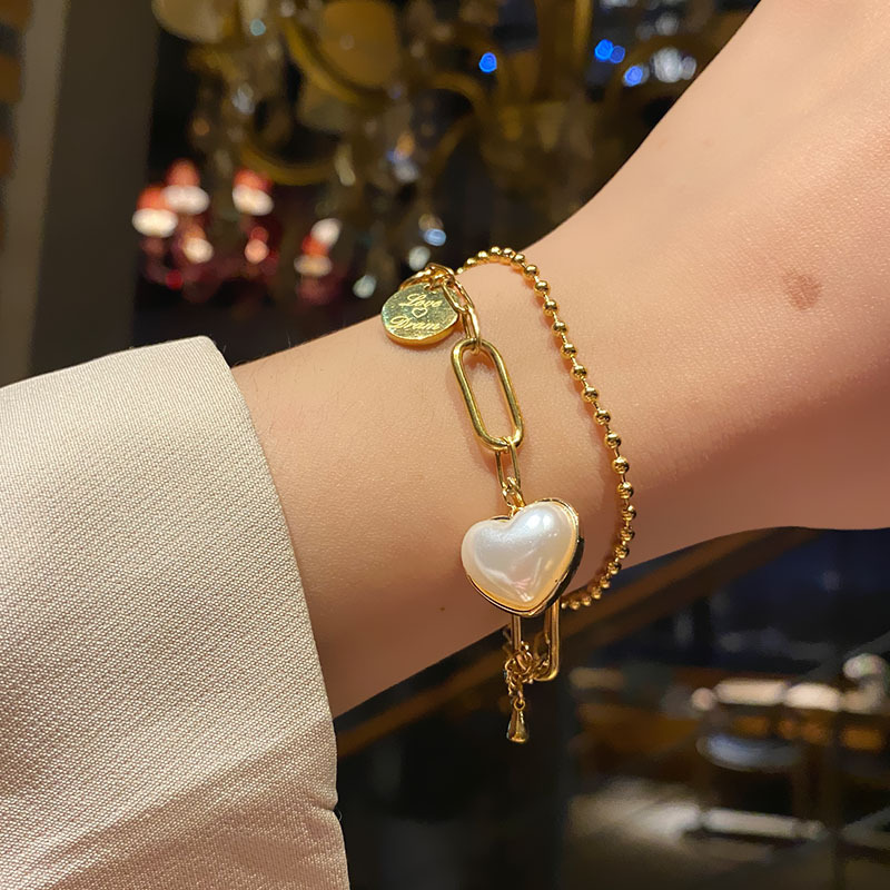 Women's Korean-Style Simple Titanium Steel Pearl Bracelet Ins Love Star Moon Double-Layer Stainless Steel Cuban Link Chain Trendy Bracelet Women's Korean-Style Simple Titanium Steel Pearl Bracelet Ins Love Star Moon Double-Layer Stainless Steel Cuban Link Chain Trendy Bracelet