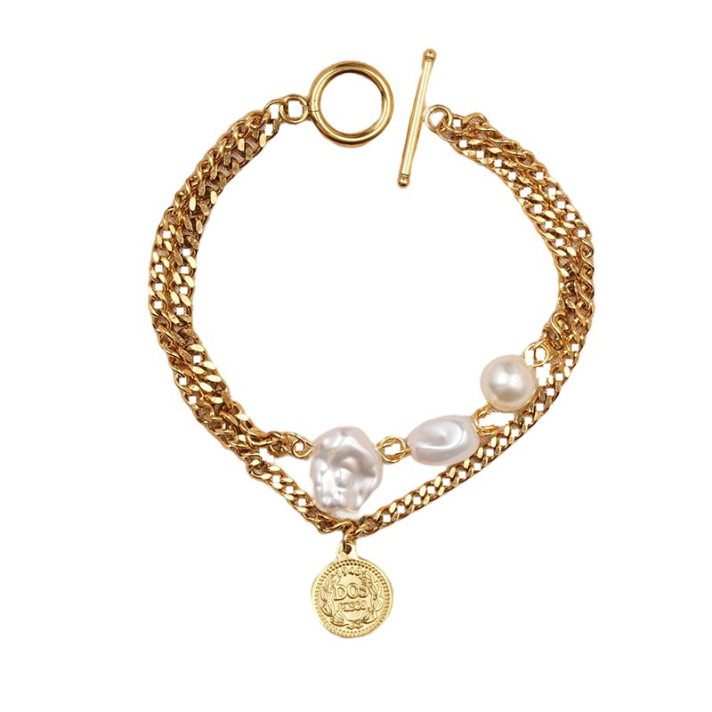 Women's Korean-Style Simple Titanium Steel Pearl Bracelet Ins Love Star Moon Double-Layer Stainless Steel Cuban Link Chain Trendy Bracelet Women's Korean-Style Simple Titanium Steel Pearl Bracelet Ins Love Star Moon Double-Layer Stainless Steel Cuban Link Chain Trendy Bracelet