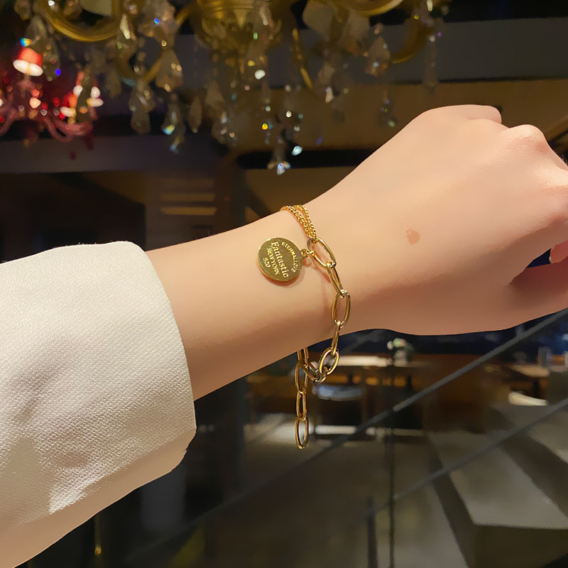 Women's Korean-Style Simple Titanium Steel Pearl Bracelet Ins Love Star Moon Double-Layer Stainless Steel Cuban Link Chain Trendy Bracelet Women's Korean-Style Simple Titanium Steel Pearl Bracelet Ins Love Star Moon Double-Layer Stainless Steel Cuban Link Chain Trendy Bracelet