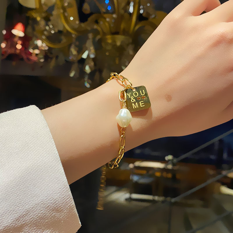 Women's Korean-Style Simple Titanium Steel Pearl Bracelet Ins Love Star Moon Double-Layer Stainless Steel Cuban Link Chain Trendy Bracelet Women's Korean-Style Simple Titanium Steel Pearl Bracelet Ins Love Star Moon Double-Layer Stainless Steel Cuban Link Chain Trendy Bracelet
