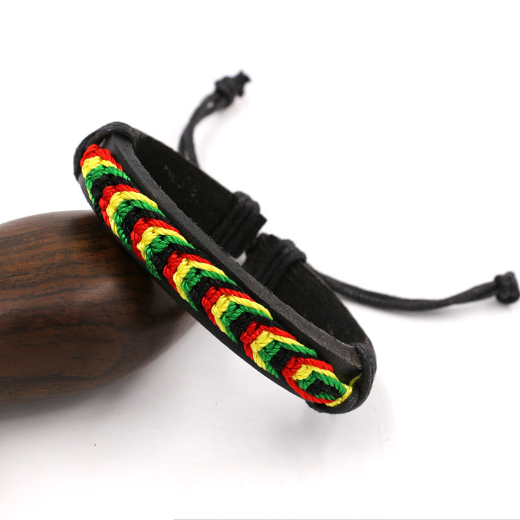 Factory Direct Sales Black Red Yellow Green Four-Color Woven Leather Bracelet Jamaica Reggae Leather Bracelet Wrist Ring