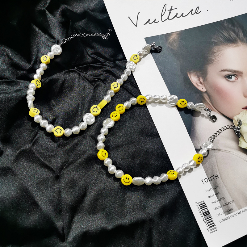 Niche Design Yellow Smiley Pearl Necklace Simple Graceful Irregular European and American Smiley Necklace, Bracelet Set