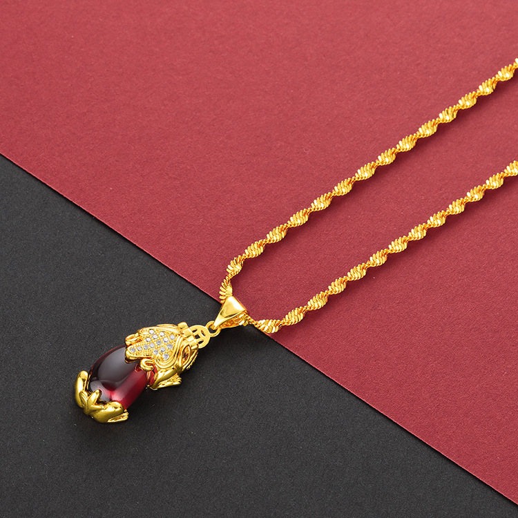 Vietnam Placer Gold Red Green Yellow Agate Pi Xiu Bracelet Set Brass Gold Plated 24K Women&#039;s Fashion Three-Piece Set Jewelry