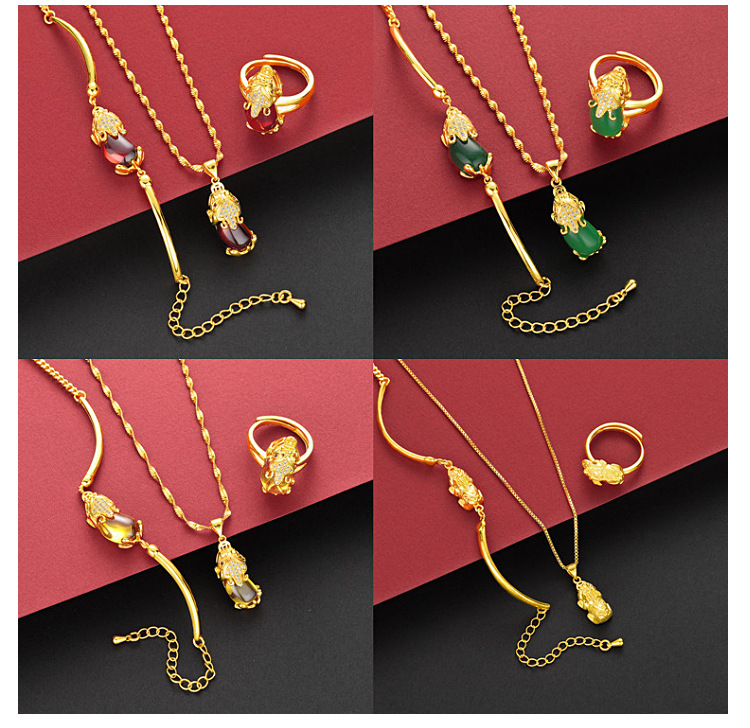 Vietnam Placer Gold Red Green Yellow Agate Pi Xiu Bracelet Set Brass Gold Plated 24K Women's Fashion Three-Piece Set Jewelry Vietnam Placer Gold Red Green Yellow Agate Pi Xiu Bracelet Set Brass Gold Plated 24K Women's Fashion Three-Piece Set Jewelry