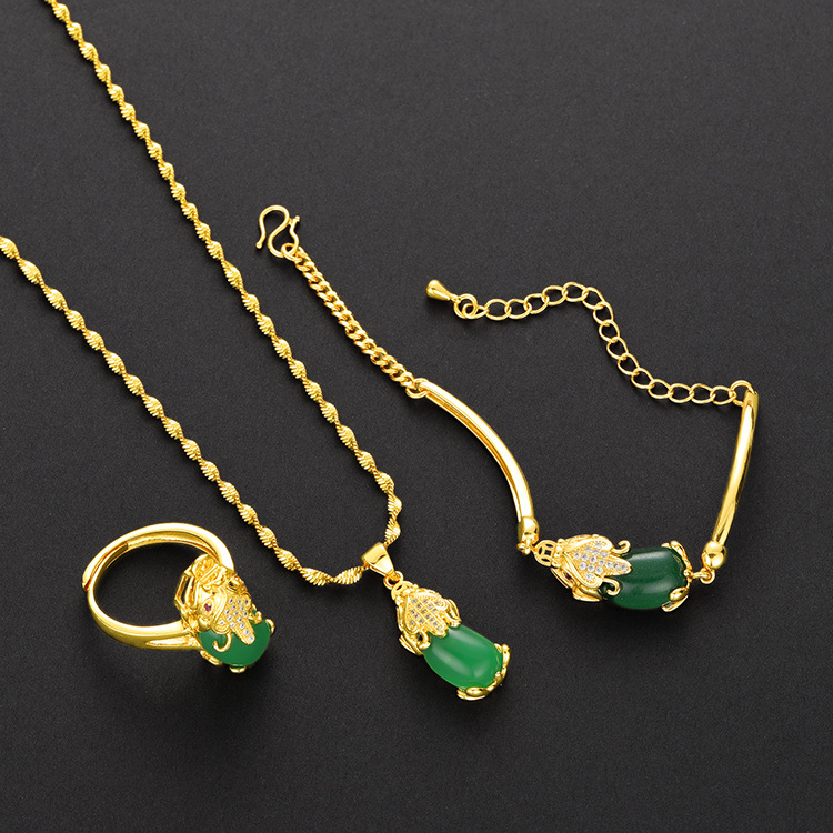 Vietnam Placer Gold Red Green Yellow Agate Pi Xiu Bracelet Set Brass Gold Plated 24K Women&#039;s Fashion Three-Piece Set Jewelry