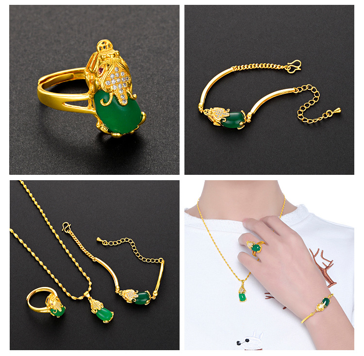 Vietnam Placer Gold Red Green Yellow Agate Pi Xiu Bracelet Set Brass Gold Plated 24K Women's Fashion Three-Piece Set Jewelry Vietnam Placer Gold Red Green Yellow Agate Pi Xiu Bracelet Set Brass Gold Plated 24K Women's Fashion Three-Piece Set Jewelry