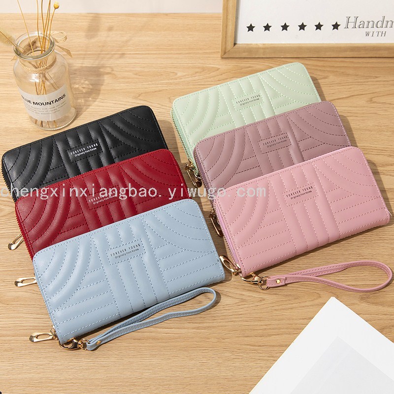 Long Wallet Pu Embroidery Thread Women&#039;s Clutch Wallet Korean  Card Slots Fashion All-Match Mobile Phone Bag Wholesale