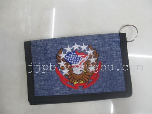 Embroidered flag wallet with denim materials production.