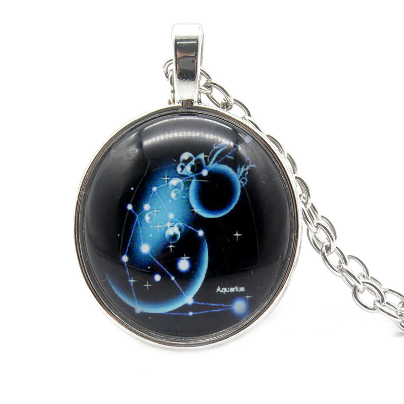 European and American Jewelry Alloy Necklace Amazon Hot Sale Twelve Constellation Time Stone Glass Pendant