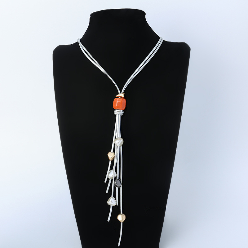 2021 Autumn and Winter New Necklace European and American Retro Natural Stone High-Grade Tassel Sweater Chain Ladies Alloy Long Necklace
